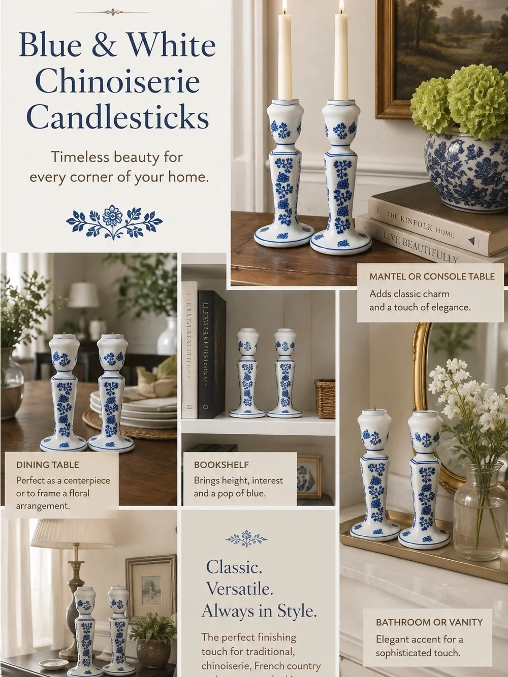 Vintage Blue & White Chinoiserie Porcelain Candlestick Set